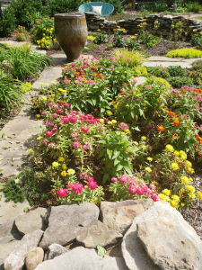 Colorful flowers nested between a rock path with and a water feature